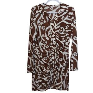 3rd + Malt Brown and White 70s Retro Floral Cinched Button-down Dress Size XL